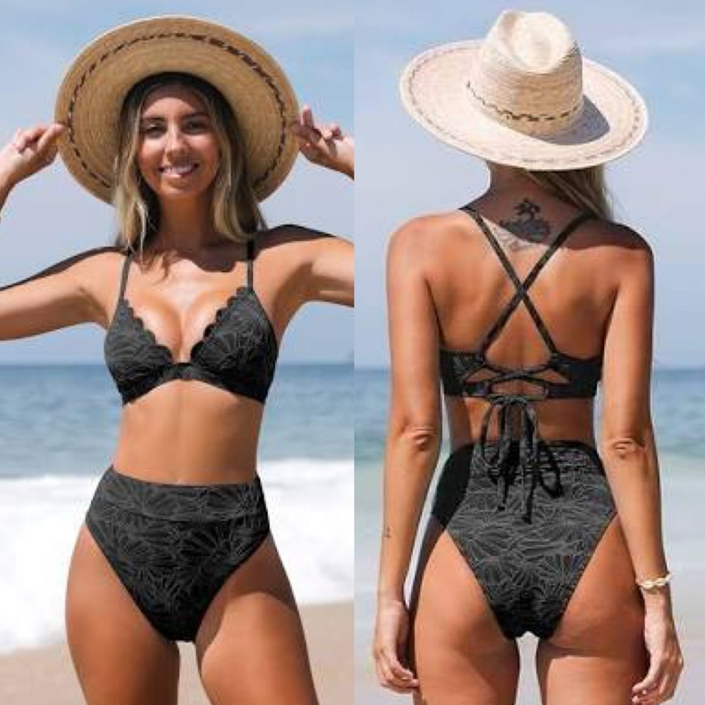 NWT Black Floral Jacquard Scalloped Bralette & High Waist Bikini Set SIZE LARGE